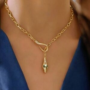Gold Lariet Chain Snake Pendant Necklace